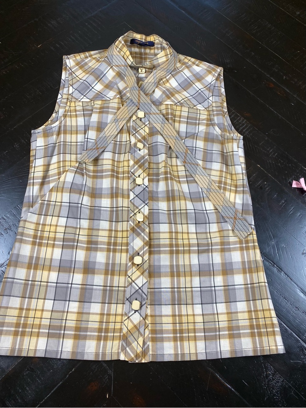 Louis Vuitton Plaid Sleeveless Button-Front Top in Yellow and Gray with Neck Tie
